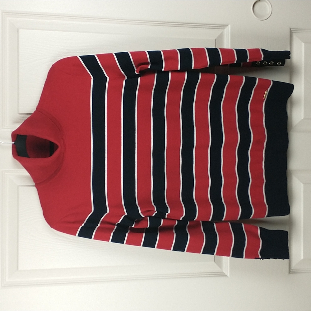 Tommy Hilfiger Red and Navy Striped Turtleneck Sweater